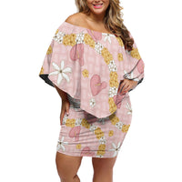 Hawaii Anthurium Tiare Pikake Lei Off Shoulder Short Dress Akala Lauhala Art Pattern LT01 Women Pink - Polynesian Pride