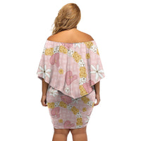 Hawaii Anthurium Tiare Pikake Lei Off Shoulder Short Dress Akala Lauhala Art Pattern LT01 - Polynesian Pride