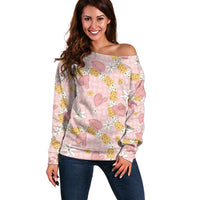Hawaii Anthurium Tiare Pikake Lei Off Shoulder Sweater Akala Lauhala Art Pattern LT01 Women Pink - Polynesian Pride
