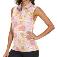 Hawaii Anthurium Tiare Pikake Lei Women Sleeveless Polo Shirt Akala Lauhala Art Pattern LT01 - Polynesian Pride
