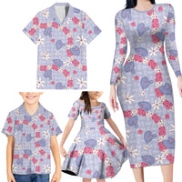 Hawaii Anthurium Tiare Pikake Lei Family Matching Long Sleeve Bodycon Dress and Hawaiian Shirt Poni Lauhala Art Pattern