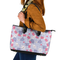 Hawaii Anthurium Tiare Pikake Lei Leather Tote Bag Poni Lauhala Art Pattern LT01 Purple - Polynesian Pride