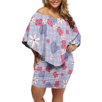 Hawaii Anthurium Tiare Pikake Lei Off Shoulder Short Dress Poni Lauhala Art Pattern LT01 Women Purple - Polynesian Pride