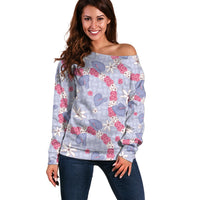 Hawaii Anthurium Tiare Pikake Lei Off Shoulder Sweater Poni Lauhala Art Pattern LT01 Women Purple - Polynesian Pride