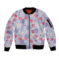 Hawaii Anthurium Tiare Pikake Lei Sleeve Zip Bomber Jacket Poni Lauhala Art Pattern LT01 Unisex Purple - Polynesian Pride