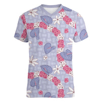 Hawaii Anthurium Tiare Pikake Lei Women V-Neck T-Shirt Poni Lauhala Art Pattern LT01 Female Purple - Polynesian Pride