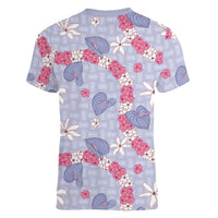 Hawaii Anthurium Tiare Pikake Lei Women V-Neck T-Shirt Poni Lauhala Art Pattern LT01 - Polynesian Pride