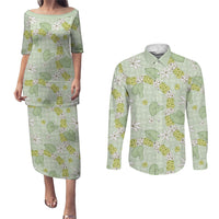Hawaii Anthurium Tiare Pikake Lei Couples Matching Puletasi and Long Sleeve Button Shirt Sage Green Lauhala Art Pattern LT01 Green - Polynesian Pride