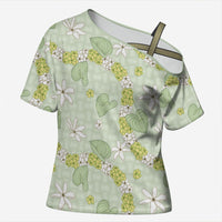 Hawaii Anthurium Tiare Pikake Lei Cross Shoulder Shirt Sage Green Lauhala Art Pattern LT01 Female Green - Polynesian Pride