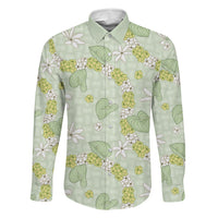 Hawaii Anthurium Tiare Pikake Lei Family Matching Long Sleeve Bodycon Dress and Hawaiian Shirt Sage Green Lauhala Art Pattern