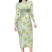 Hawaii Anthurium Tiare Pikake Lei Family Matching Long Sleeve Bodycon Dress and Hawaiian Shirt Sage Green Lauhala Art Pattern