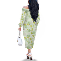 Hawaii Anthurium Tiare Pikake Lei Family Matching Off The Shoulder Long Sleeve Dress and Hawaiian Shirt Sage Green Lauhala Art Pattern