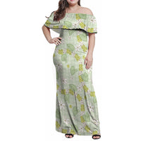 Hawaii Anthurium Tiare Pikake Lei Family Matching Off Shoulder Maxi Dress and Hawaiian Shirt Sage Green Lauhala Art Pattern