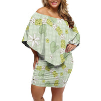 Hawaii Anthurium Tiare Pikake Lei Family Matching Off Shoulder Short Dress and Hawaiian Shirt Sage Green Lauhala Art Pattern