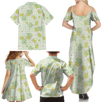 Hawaii Anthurium Tiare Pikake Lei Family Matching Summer Maxi Dress and Hawaiian Shirt Sage Green Lauhala Art Pattern