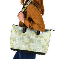 Hawaii Anthurium Tiare Pikake Lei Leather Tote Bag Sage Green Lauhala Art Pattern LT01 Green - Polynesian Pride