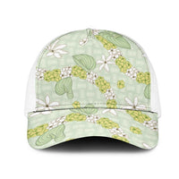 Hawaii Anthurium Tiare Pikake Lei Mesh Trucker Cap Sage Green Lauhala Art Pattern LT01 One Size White Green - Polynesian Pride