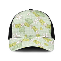 Hawaii Anthurium Tiare Pikake Lei Mesh Trucker Cap Sage Green Lauhala Art Pattern LT01 One Size Black Green - Polynesian Pride