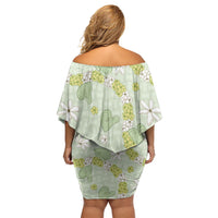 Hawaii Anthurium Tiare Pikake Lei Off Shoulder Short Dress Sage Green Lauhala Art Pattern LT01 - Polynesian Pride