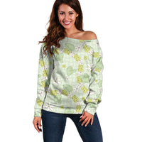 Hawaii Anthurium Tiare Pikake Lei Off Shoulder Sweater Sage Green Lauhala Art Pattern LT01 Women Green - Polynesian Pride