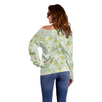 Hawaii Anthurium Tiare Pikake Lei Off Shoulder Sweater Sage Green Lauhala Art Pattern LT01 - Polynesian Pride