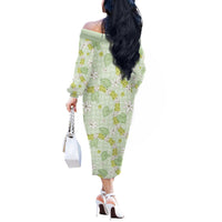 Hawaii Anthurium Tiare Pikake Lei Off The Shoulder Long Sleeve Dress Sage Green Lauhala Art Pattern LT01 - Polynesian Pride