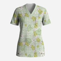 Hawaii Anthurium Tiare Pikake Lei Scrub Top Sage Green Lauhala Art Pattern LT01 Adult Green - Polynesian Pride