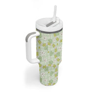 Hawaii Anthurium Tiare Pikake Lei Tumbler With Handle Sage Green Lauhala Art Pattern LT01 - Polynesian Pride