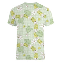 Hawaii Anthurium Tiare Pikake Lei Women V-Neck T-Shirt Sage Green Lauhala Art Pattern LT01 - Polynesian Pride