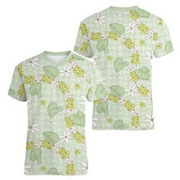 Hawaii Anthurium Tiare Pikake Lei Women V-Neck T-Shirt Sage Green Lauhala Art Pattern LT01 - Polynesian Pride
