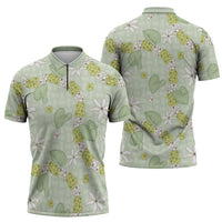 Hawaii Anthurium Tiare Pikake Lei Zipper Polo Shirt Sage Green Lauhala Art Pattern LT01 - Polynesian Pride
