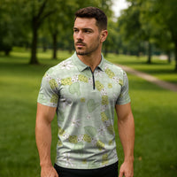 Hawaii Anthurium Tiare Pikake Lei Zipper Polo Shirt Sage Green Lauhala Art Pattern LT01 - Polynesian Pride