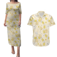 Hawaii Anthurium Tiare Pikake Lei Couples Matching Puletasi and Hawaiian Shirt Melemele Lauhala Art Pattern LT01 Yellow - Polynesian Pride