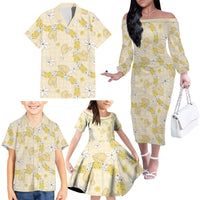 Hawaii Anthurium Tiare Pikake Lei Family Matching Off The Shoulder Long Sleeve Dress and Hawaiian Shirt Melemele Lauhala Art Pattern
