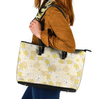 Hawaii Anthurium Tiare Pikake Lei Leather Tote Bag Melemele Lauhala Art Pattern LT01 Yellow - Polynesian Pride