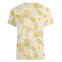 Hawaii Anthurium Tiare Pikake Lei Women V-Neck T-Shirt Melemele Lauhala Art Pattern LT01 - Polynesian Pride