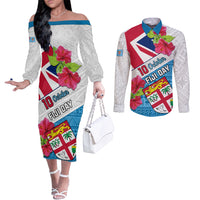 Fiji Day Couples Matching Off The Shoulder Long Sleeve Dress and Long Sleeve Button Shirts Fijian Hibiscus Special Version LT01 White - Polynesian Pride