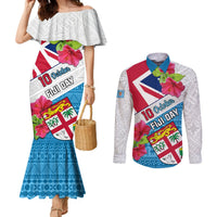 Personalised Fiji Day Couples Matching Mermaid Dress and Long Sleeve Button Shirts Fijian Hibiscus Special Version LT01 White - Polynesian Pride