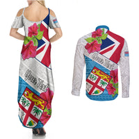 Personalised Fiji Day Couples Matching Summer Maxi Dress and Long Sleeve Button Shirts Fijian Hibiscus Special Version LT01 - Polynesian Pride