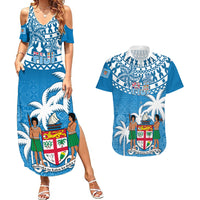 Fiji Couples Matching Summer Maxi Dress and Hawaiian Shirt Bula Fijian Tapa Pattern LT01 Blue - Polynesian Pride