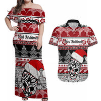 Custom New Zealand Christmas Couples Matching Off Shoulder Maxi Dress and Hawaiian Shirt Maori Meri Kirihimete Moko LT01 Red - Polynesian Pride