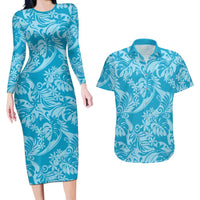 Tahiti Ninamu Tiare Floral Couples Matching Long Sleeve Bodycon Dress and Hawaiian Shirt Monstera Palm Tropical Leaves - Polynesian Pride