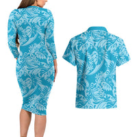 Tahiti Ninamu Tiare Floral Couples Matching Long Sleeve Bodycon Dress and Hawaiian Shirt Monstera Palm Tropical Leaves - Polynesian Pride
