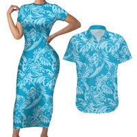 Tahiti Ninamu Tiare Floral Couples Matching Short Sleeve Bodycon Dress and Hawaiian Shirt Monstera Palm Tropical Leaves - Polynesian Pride