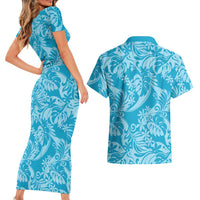 Tahiti Ninamu Tiare Floral Couples Matching Short Sleeve Bodycon Dress and Hawaiian Shirt Monstera Palm Tropical Leaves - Polynesian Pride