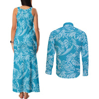 Tahiti Ninamu Tiare Floral Couples Matching Tank Maxi Dress and Long Sleeve Button Shirt Monstera Palm Tropical Leaves - Polynesian Pride
