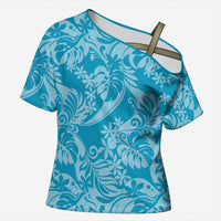 Tahiti Ninamu Tiare Floral Cross Shoulder Shirt Monstera Palm Tropical Leaves LT01 Female Blue - Polynesian Pride