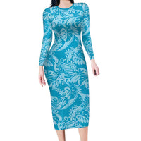Tahiti Ninamu Tiare Floral Family Matching Long Sleeve Bodycon Dress and Hawaiian Shirt Monstera Palm Tropical Leaves - Polynesian Pride