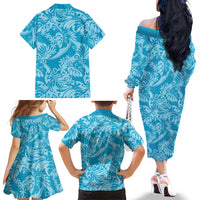 Tahiti Ninamu Tiare Floral Family Matching Off The Shoulder Long Sleeve Dress and Hawaiian Shirt Monstera Palm Tropical Leaves - Polynesian Pride
