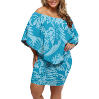 Tahiti Ninamu Tiare Floral Family Matching Off Shoulder Short Dress and Hawaiian Shirt Monstera Palm Tropical Leaves - Polynesian Pride